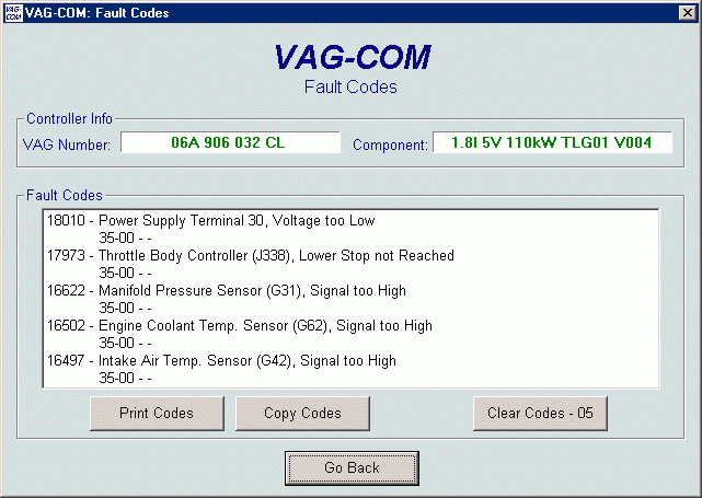 Vag fault code